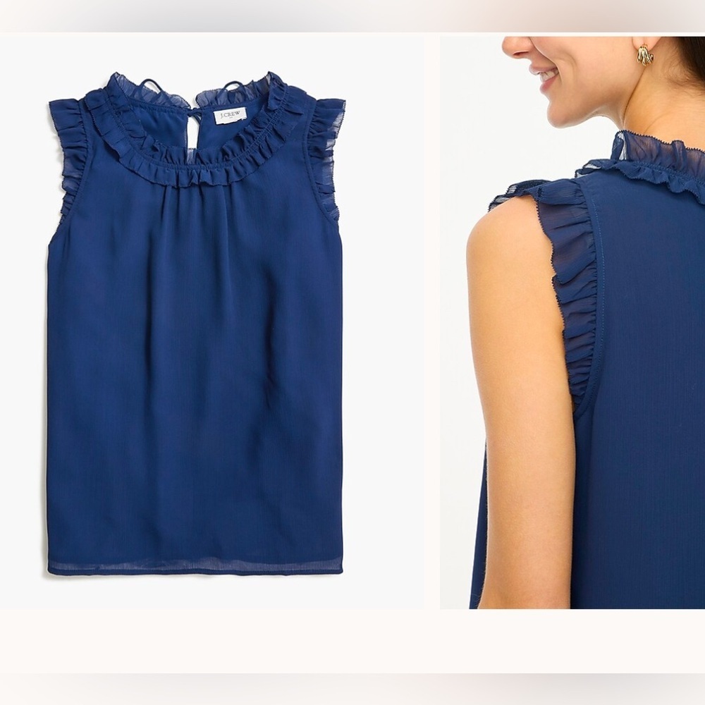 NWT J Crew Navy Blue Ruffle crinkle sleeveless blouse top chiffon size XS
